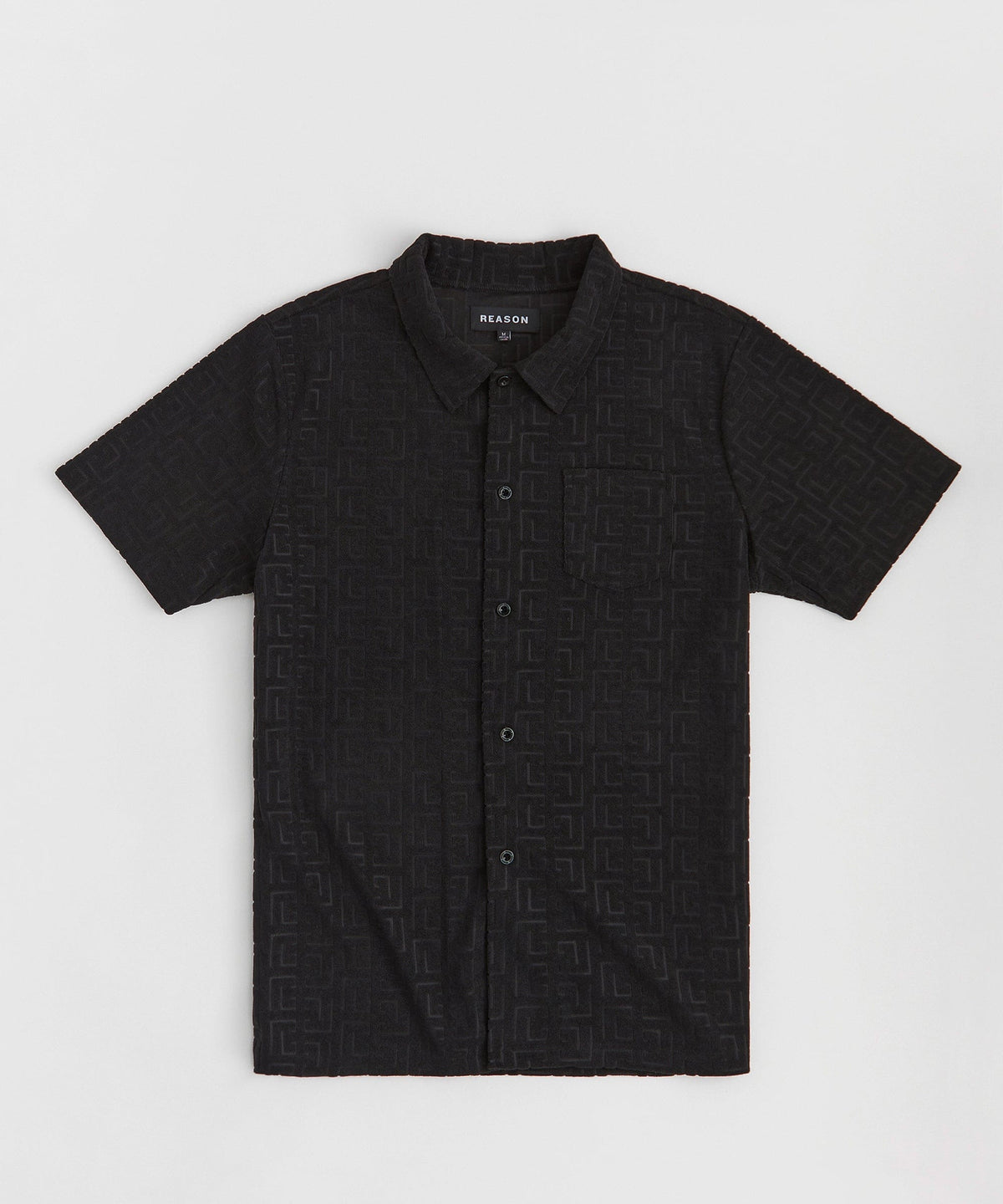 Geometric Viscose Button-Down Short Sleeve Shirt - Black