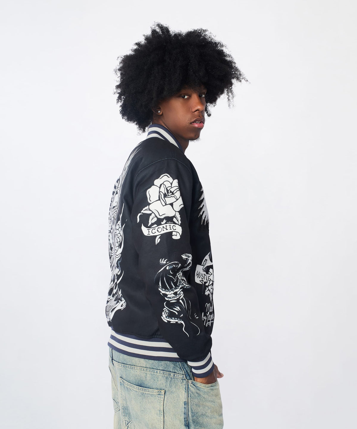 Iconic Chenille Patched Varsity Jacket - Black