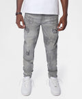 Floral Rhinestone Distressed Skinny Jeans - Grey