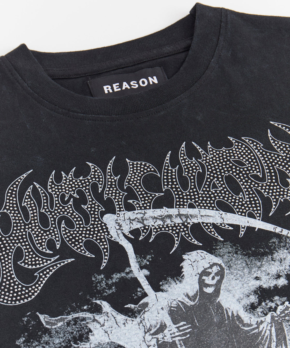 Grim Reaper Washed Rhinestones Short Sleeve Tee - Black