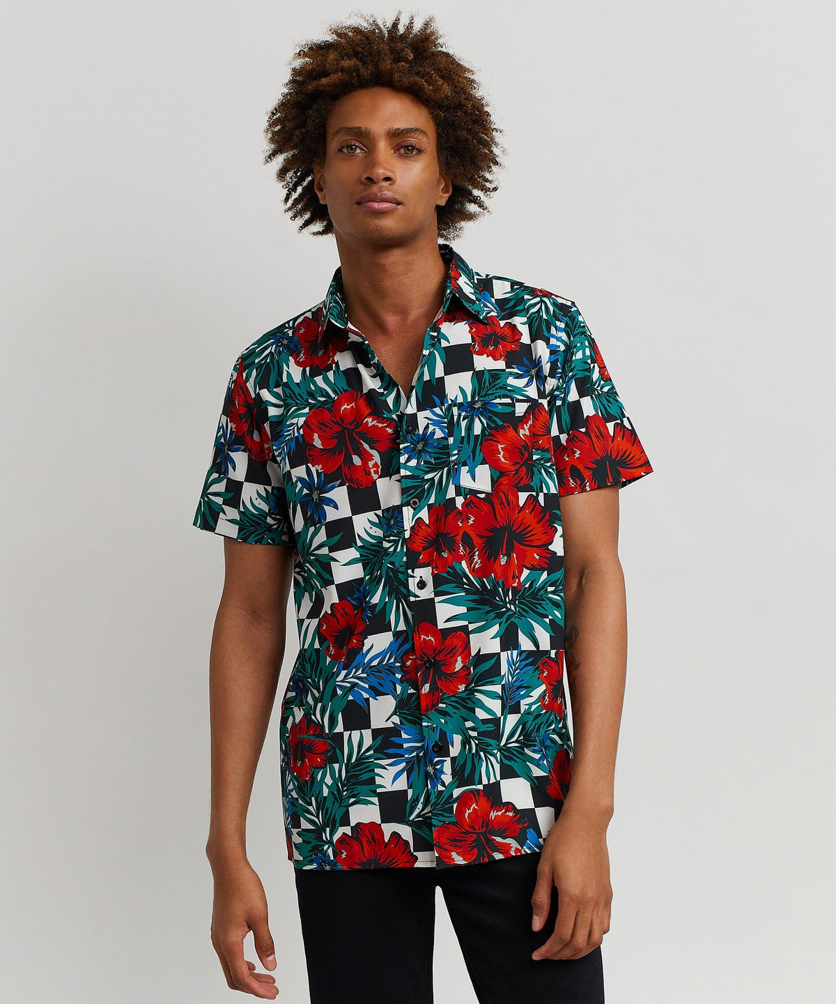 Floral Check Viscose Button-Down Short Sleeve Short