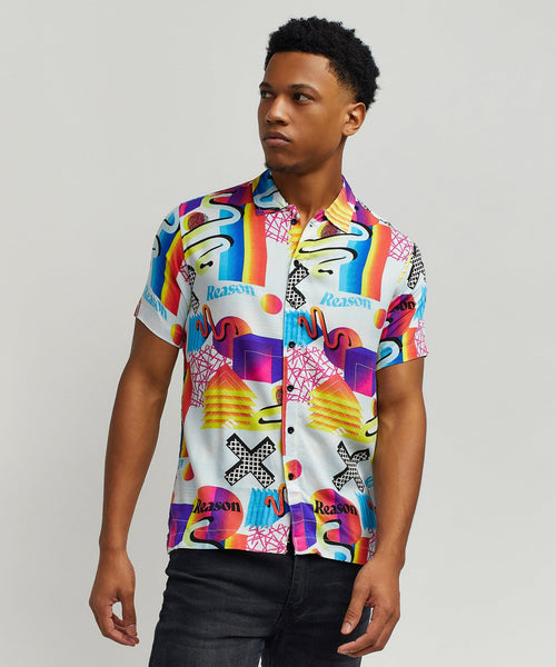 Geo Shape Viscose Button-Down Short Sleeve Shirt - Multicolor